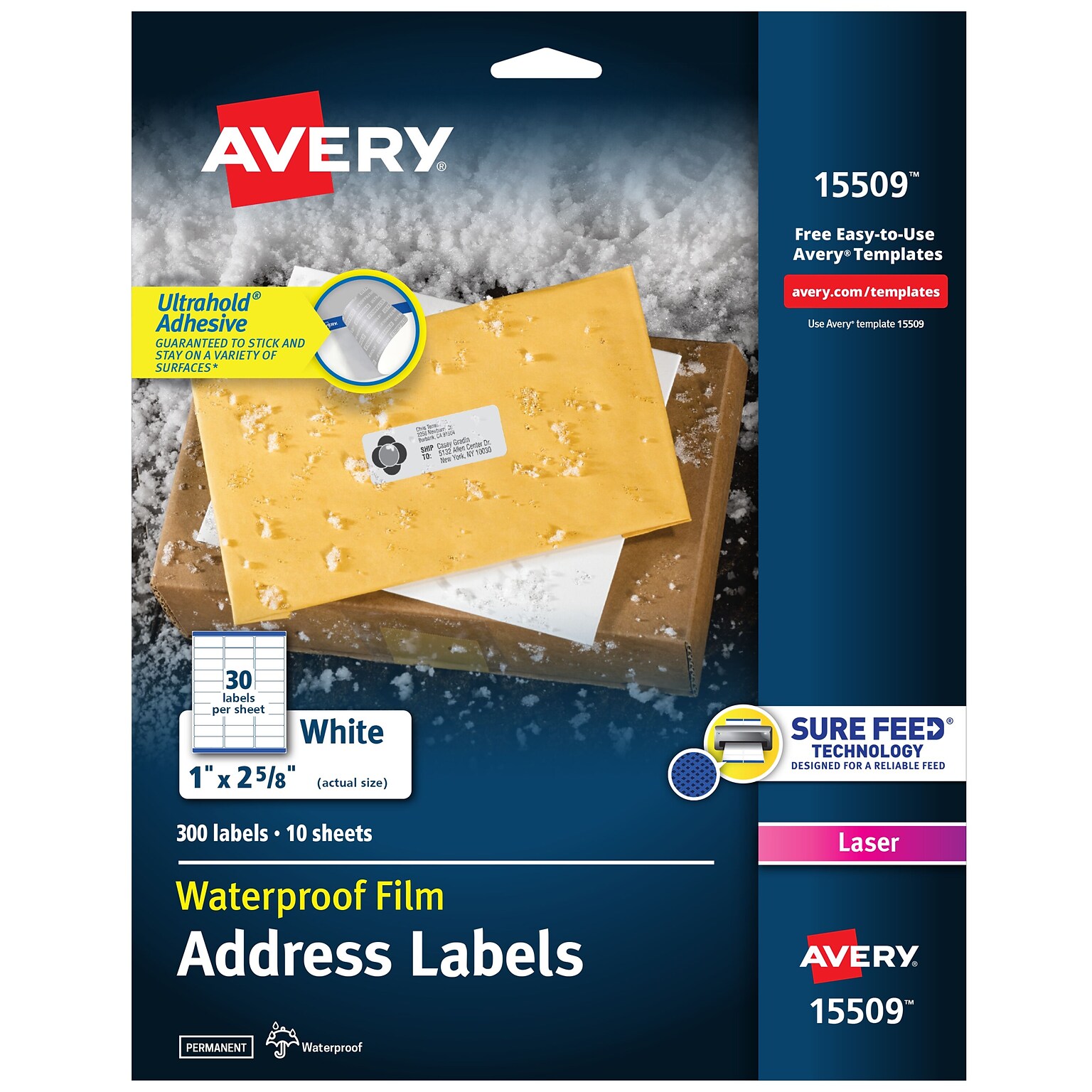 Avery Waterproof Film Laser Address Labels, 1 x 2-5/8, White, 300 Labels/Pack (15509)
