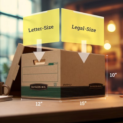 Bankers Box Medium-Duty 100% Recycled FastFold File Storage Boxes, Lift-Off Lid, Letter/Legal Size, Brown, 12/Carton (12770)