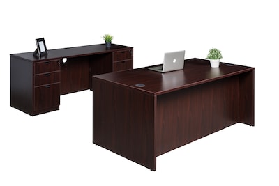 Boss Office Products 71 Desk and Credenza with Dual File Pedestals, Mahogany (GROUPA2-M)