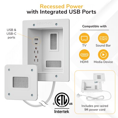 Mount-It! In-Wall Cable Management Kit with 2 Power Outlets, USB-A & USB-C Ports, White (MI-7287)