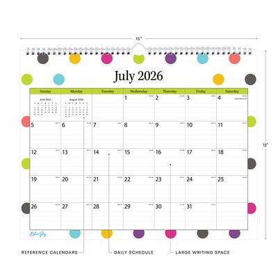 2026-2027 Blue Sky Wirebound Dots 12 x 15 Academic Monthly Wall Calendar, Assorted Colors (100340-A27)