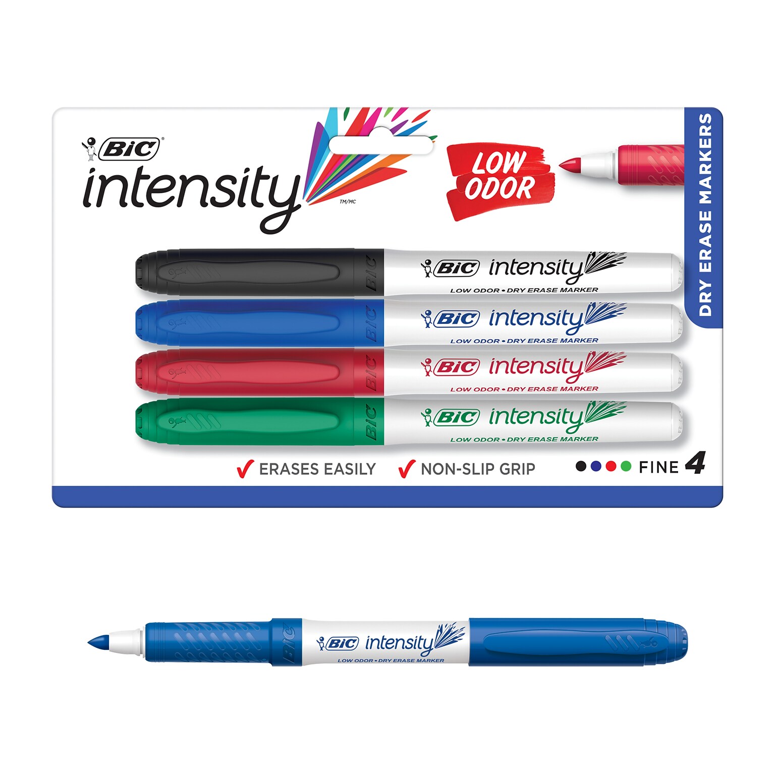 BIC Intensity Dry Erase Markers, Fine Tip, Assorted, 4/Pack (GDEP41AST)
