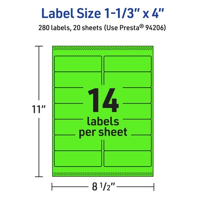 Avery Laser/Inkjet Multipurpose Rectangle Labels, 1-1/3" x 4", Neon Green, 280/Pack (94206)
