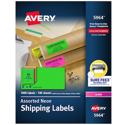 Avery Sure Feed Laser Shipping Labels, 2x 4, Neon Assorted, 10 Labels/Sheet, 100 Sheets/Box (5964)