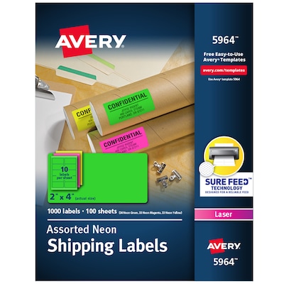 Avery Sure Feed Laser Shipping Labels, 2x 4, Neon Assorted, 1,000 Labels/Box (5964)