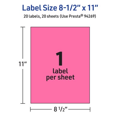 Avery Laser/Inkjet Rectangle Multipurpose Labels, 8.5" x 11", Bright Pink, 20/Pack (94269)