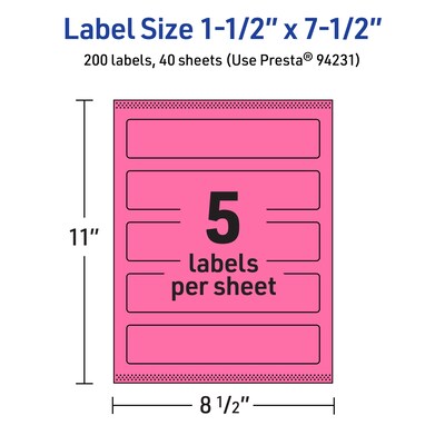 Avery Laser/Inkjet Rectangle Multipurpose Labels, 1.5" x 7.5", Bright Pink, 200/Pack (94231)