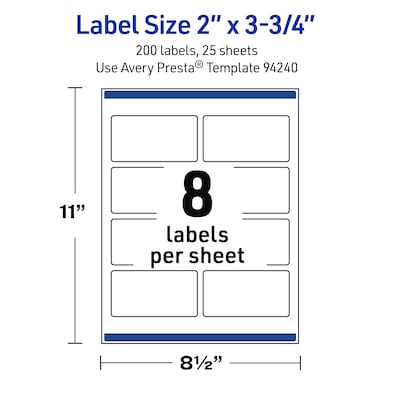 Avery Rectangle Laser Multipurpose Labels, 2" x 3.75", White, 200/Pack (19479399301)