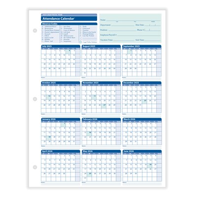 ComplyRight 2025-2026 Fiscal Year Attendance Calendar Cards, 50/Pack (A42005015)
