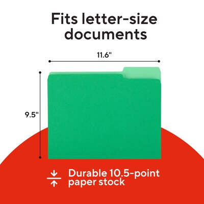 Staples File Folders, Letter Size, 1/3-Cut Tabs, Assorted Positions, Green, Durable Paper Stock, 100/Pack