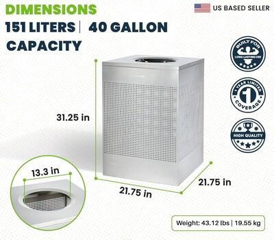 Alpine Industries Stainless Steel Trash Can, 40 Gallon, Silver (ALP438-40-SS-MK)