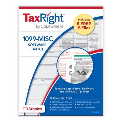 ComplyRight TaxRight 2023 1099-MISC Tax Form Kit with eFile Software & Envelopes, 4-Part, 25/Pack (SC6103ES25)