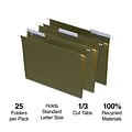 Quill Brand® 100% Recycled 3-Tab Hanging File Folders, Letter Size, Green, 25/Box (7Q5213)