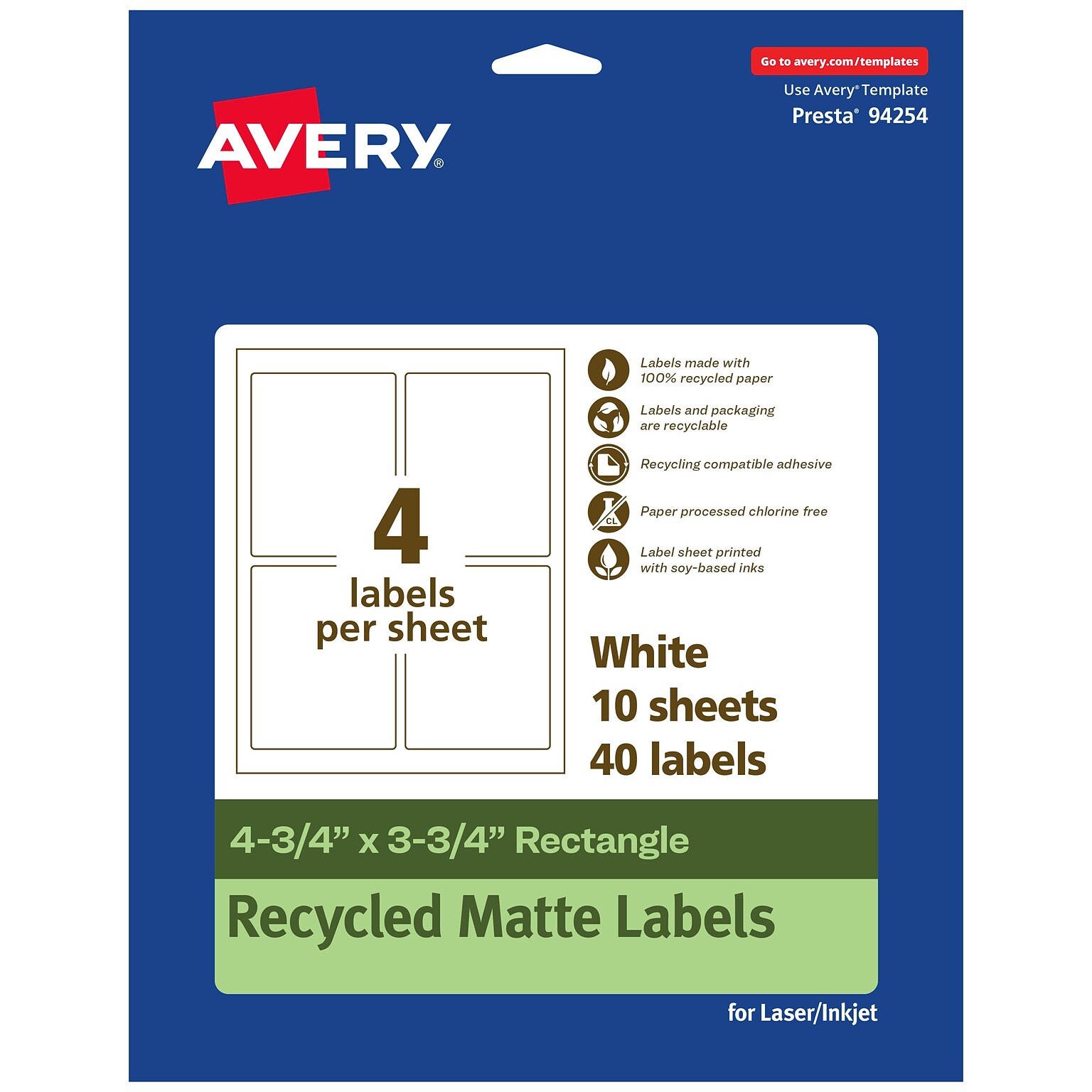 Avery EcoFriendly Laser/Inkjet Rectangle Multipurpose Labels, 4-3/4 x 3-3/4, White, 40/Pack (94254)