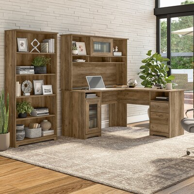 Bush Furniture Cabot 60"W L Shaped Computer Desk with Hutch and 5 Shelf Bookcase, Reclaimed Pine (CAB011RCP)