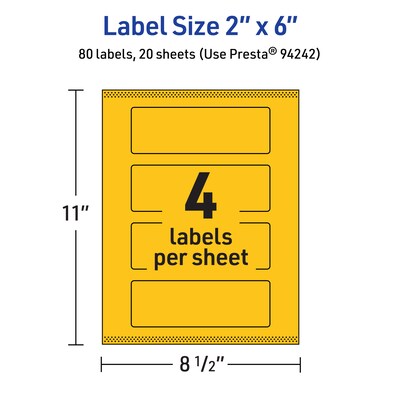 Avery Laser/Inkjet Rectangle Multipurpose Labels, 2" x 6", Bright Yellow, 80/Pack (94242)