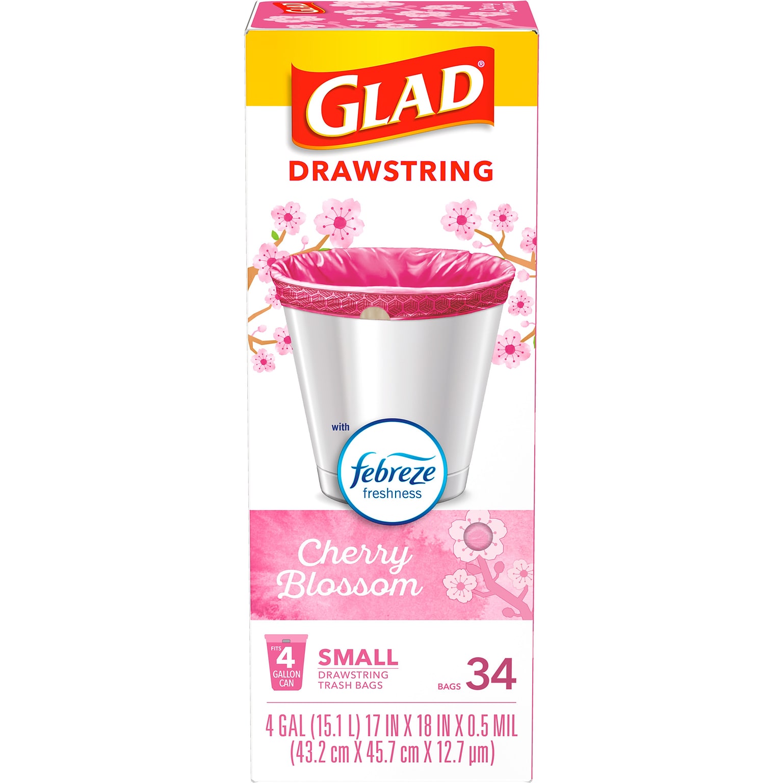 Glad Odorshield 4 Gallon Drawstring Kitchen Trash Bag, Febreeze Cherry Blossom, Pink, 34 Bags/Box (79274)