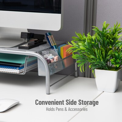 Mind Reader Monitor Stand with Paper Tray, Metal, Silver  (MESHMONSTA-SIL)
