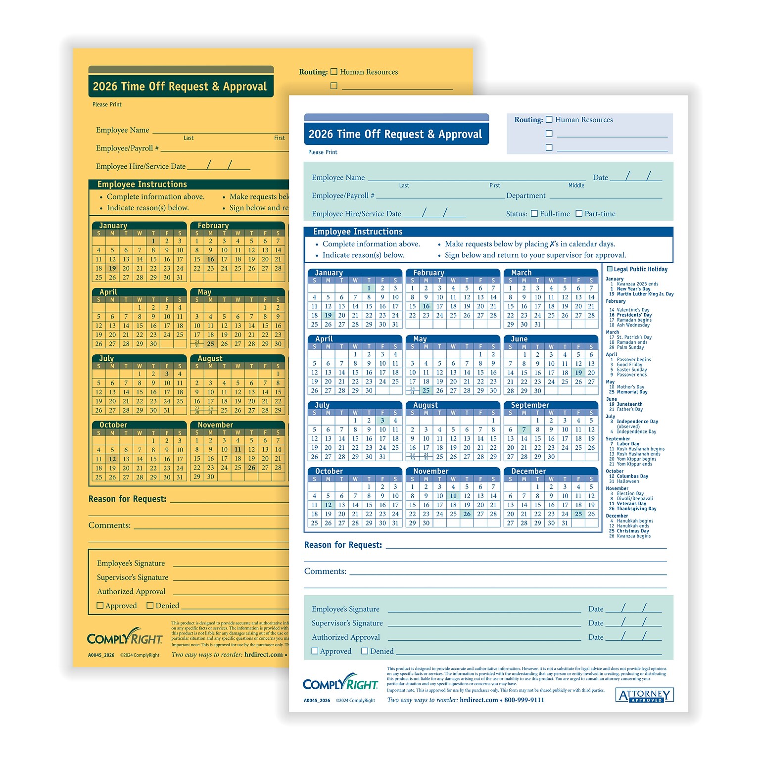 ComplyRight 2026 Time Off Request and Approval Form, 2-Part, 50 Forms/Pack (A0045)