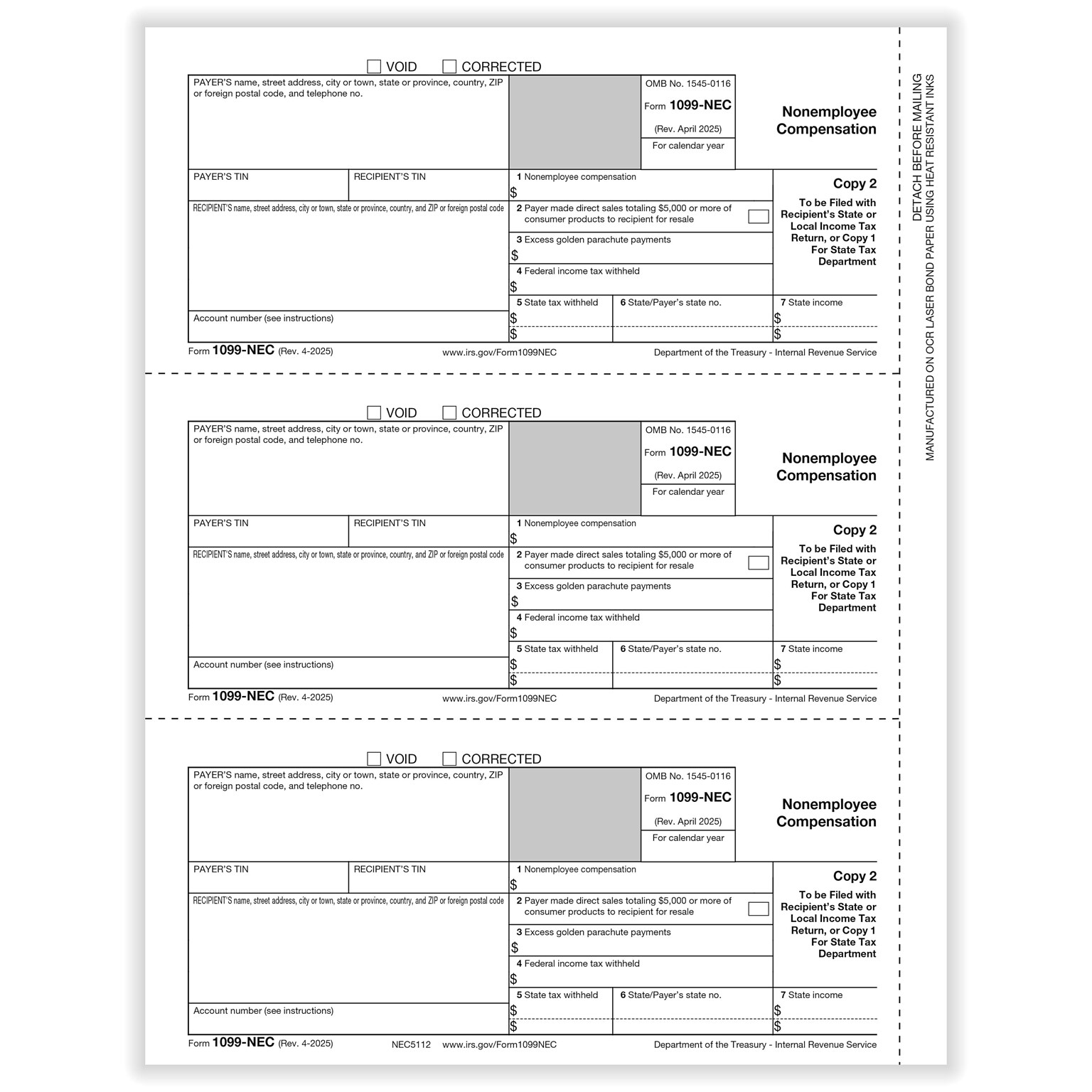 ComplyRight 2025 1099-NEC Tax Form, 1-Part, 3-Up, Payer Copy C, 50/Pack (NEC511250)