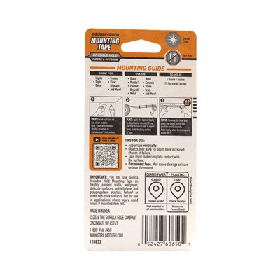 Gorilla Tough & Clear Double-Sided Mounting Tape, 1 x 1.66 yds., Clear (121563)