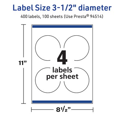 Avery TrueBlock Laser/Inkjet Circle Multipurpose Labels, 3.5" Dia., White, 400/Box (94514)