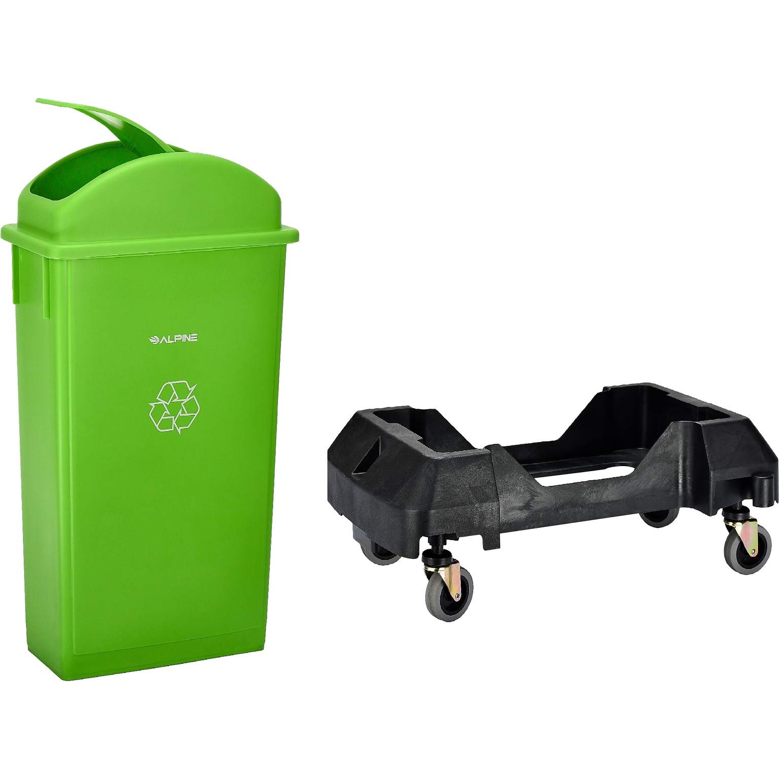 Alpine Industries Polypropylene Recycling Bin with Lid and Dolly, 23 Gallon, Lime Green (ALP477-LGRN1-PKD)
