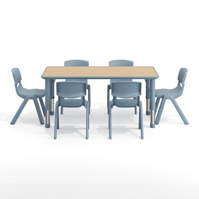 Flash Furniture Emmy Rectangular Activity Table Set, 47.25" x 23.5", Height Adjustable, Natural Woodgrain & Dusty Blue