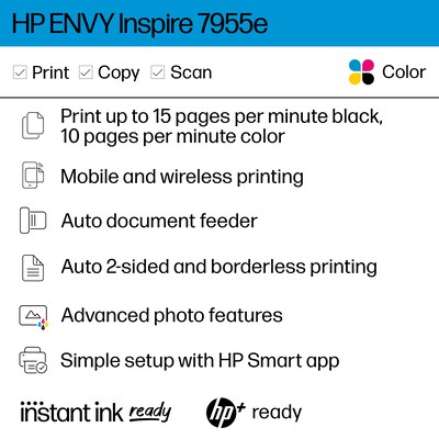 HP ENVY Inspire 7955e Wireless All-in-One Color Photo Printer, Scan, Copy, Best for Home, 3 Months of Free Ink with HP+ (1W2Y8A)