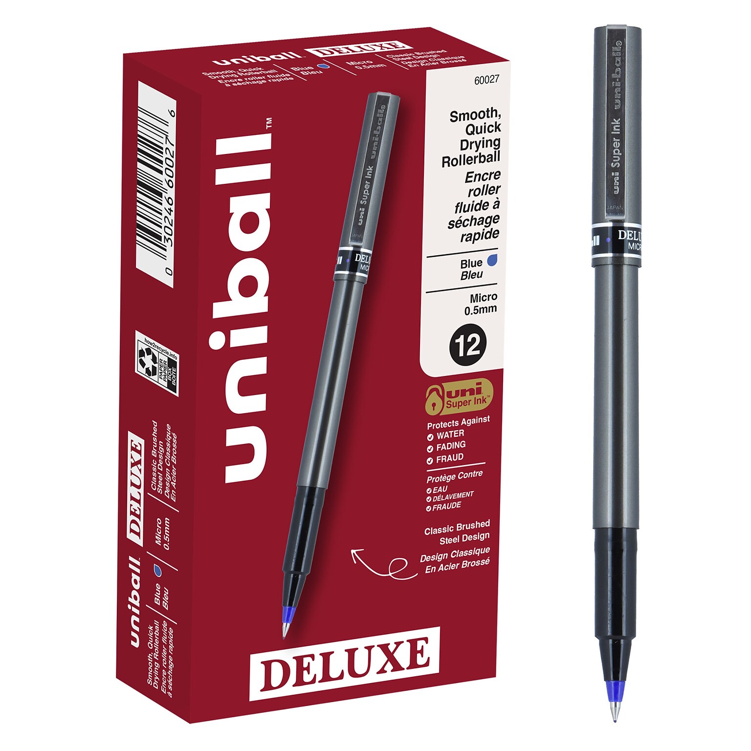 uni-ball Deluxe Rollerball Pens, Micro Point, Blue Ink, 12/Pack (60027)