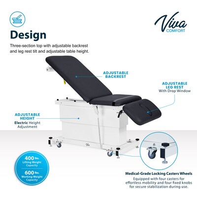 Viva Comfort XRO 3-Section Electric Height and Back Adjustable Exam Table, 600 lbs. Capacity, Black (ADI903-23-BLK-MK)