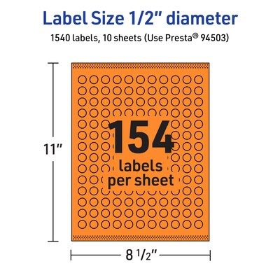 Avery Laser/Inkjet Multipurpose Circle Labels, 0.5" Dia., Bright Orange, 1540/Pack (94503)