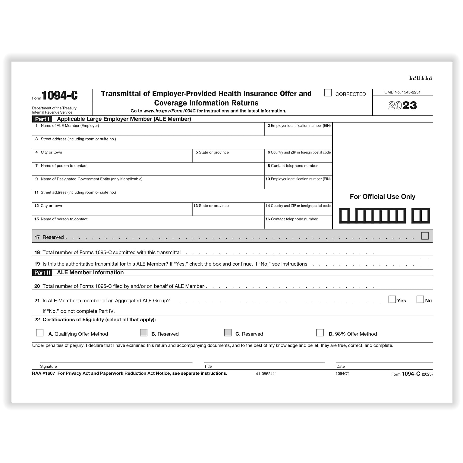 ComplyRight 2023 1094-C Transmittal Of Employer-Provided Health Insurance Information Returns, 500/Pack (1094CT500)