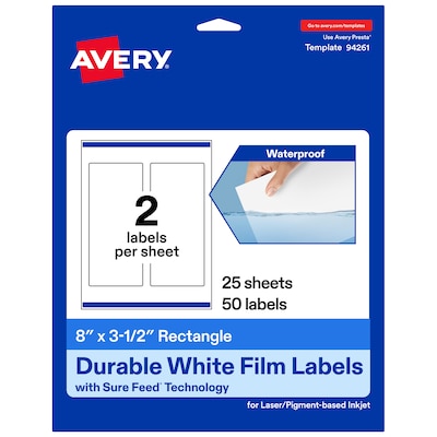 Avery Laser/Inkjet Rectangle Waterproof Multipurpose Labels, 3.5  x 8, White, 50/Pack (94261)