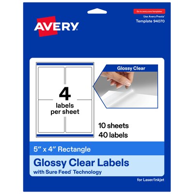 Avery Rectangle Laser/Inkjet Multipurpose Labels, Clear, 4 Labels/Sheet, 10 Sheets/Pack (19479311179)