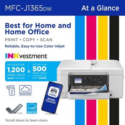 Brother INKvestment MFC-J1365DW Wireless Color All-In-One Inkjet Printer, Best for Home Office