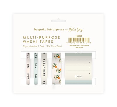 Blue Sky Bespoke Letterpress Assorted Washi Tape, 5 Rolls/Pack (155570)