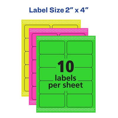 Avery Sure Feed Laser Shipping Labels, 2"x 4", Neon Assorted, 10 Labels/Sheet, 100 Sheets/Box (5964)