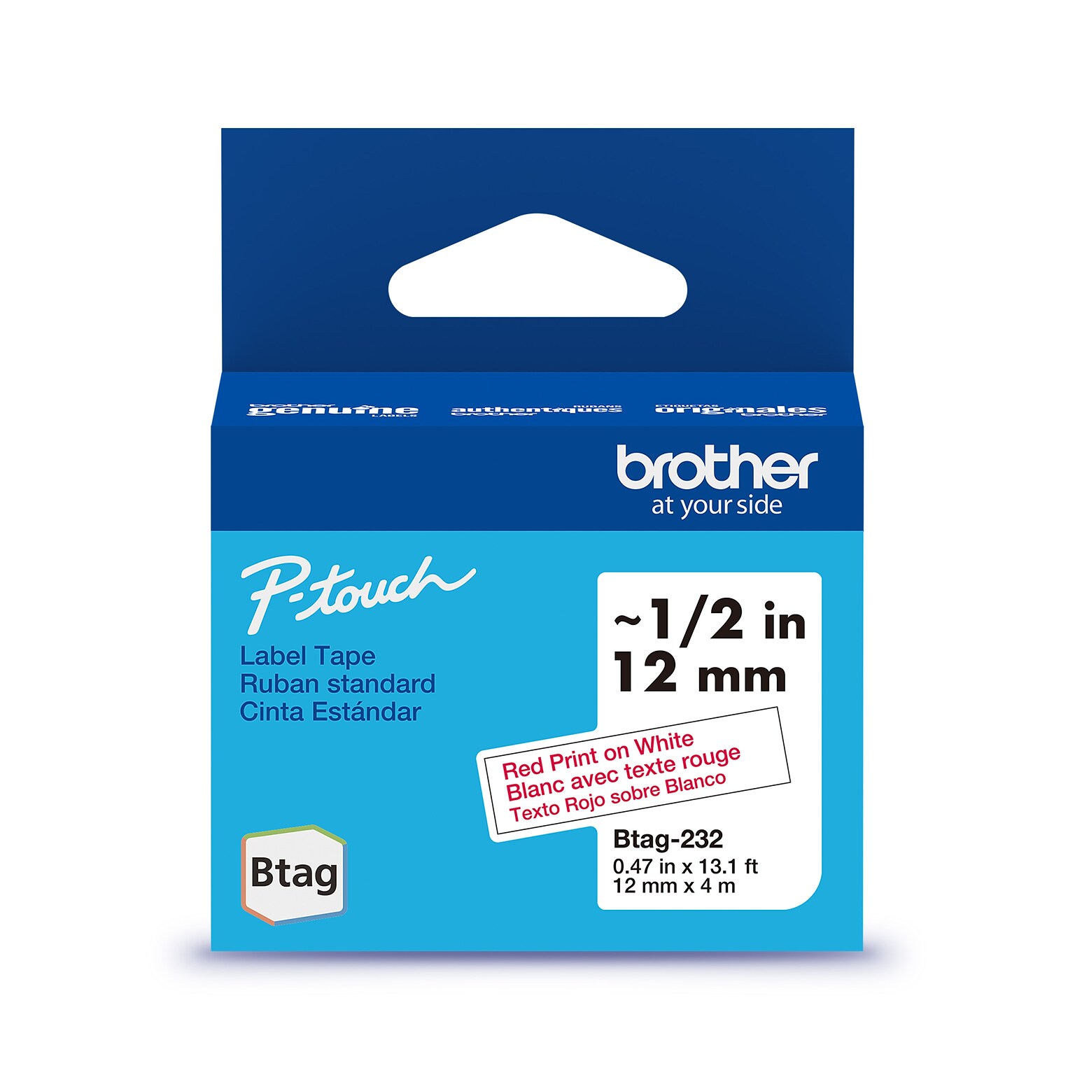 Brother P-touch Btag Label Tape, 1/2 x 13.1 (12mm x 4m), Red on White (BTAG232)
