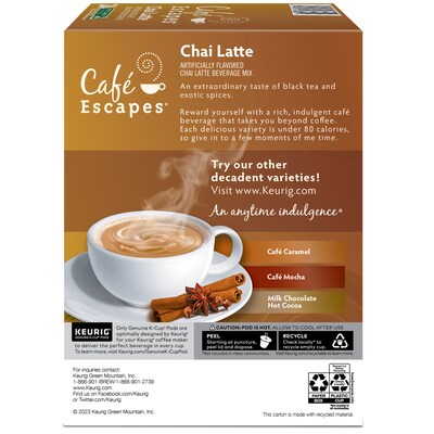 Cafe Escapes Chai Latte Coffee, Keurig® K-Cup® Pods, Light Roast, 24/Box (6805)