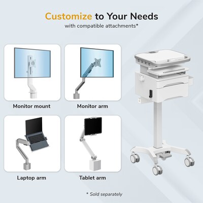 Mount-It! MedHub Powered Height-Adjustable Mobile Cart Workstation with Drawers & Built-In Power Strip, White/Gray (MI-16057)