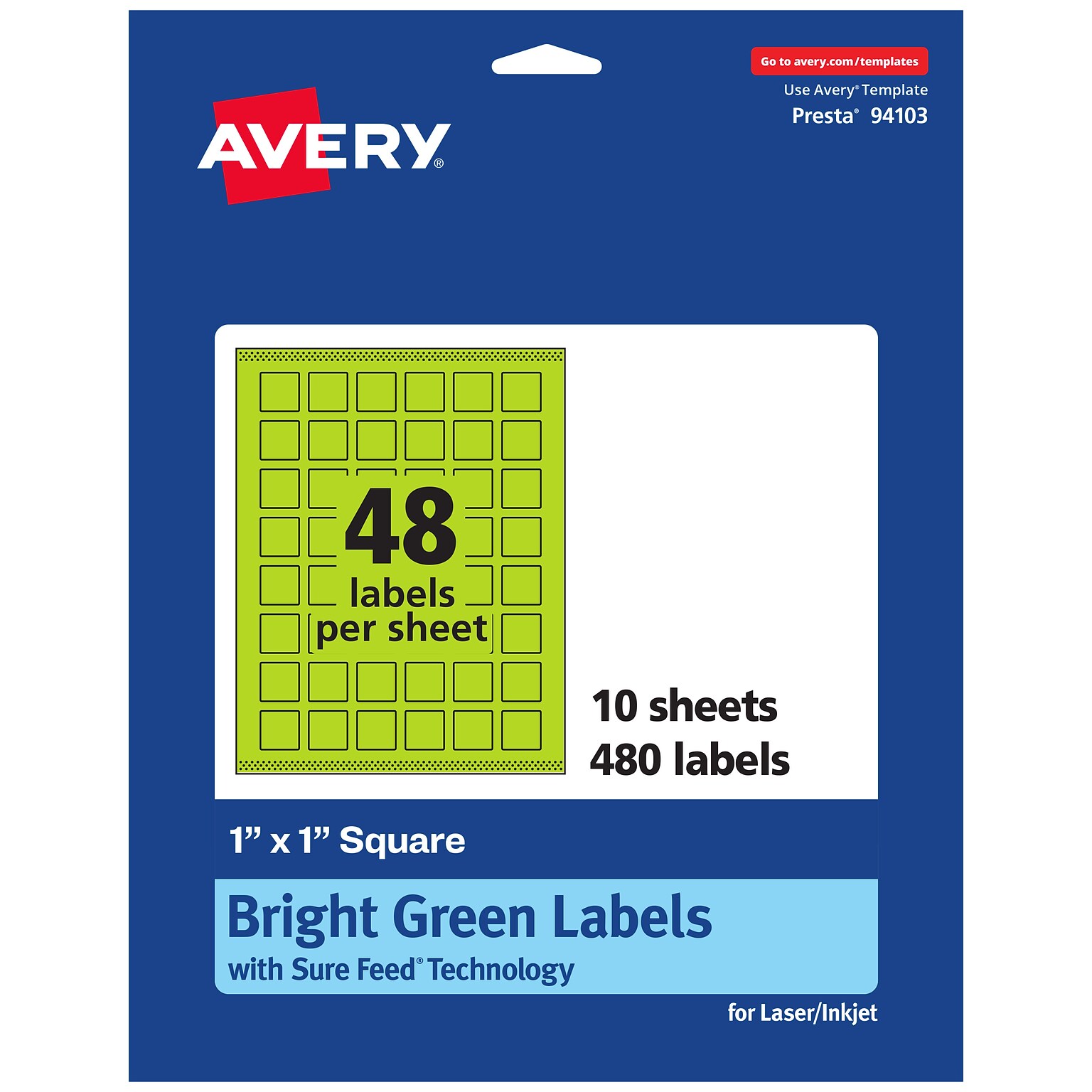 Avery Laser/Inkjet Multipurpose Square Labels, 1 x 1, Bright Green, 480/Pack (94103)