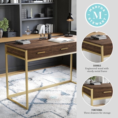 Martha Stewart Ollie 47"W Home Office Desk with 3 Drawers, Walnut/Polished Brass (ZGZP028BRGLD)