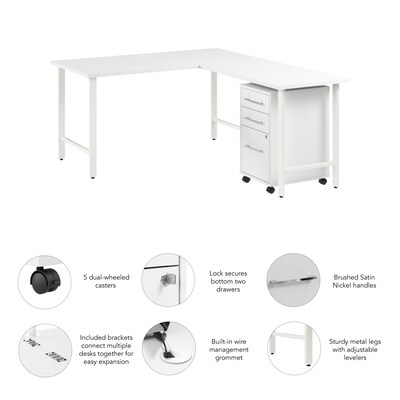 Bush Business Furniture Hustle 60"W L Shaped Computer Desk with 3 Drawer Mobile File Cabinet, White (HUS006WH)