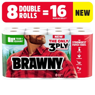 Brawny Tear-A-Square Paper Towels, 3-ply, 76 Sheets/Roll, 8 Rolls/Pack (446005)