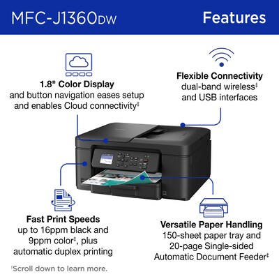 Brother Work Smart MFC-J1360DW Wireless Color All-In-One Inkjet Printer, Best for Home Office, Ink Subscription Service Included