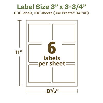 Avery EcoFriendly Laser/Inkjet Rectangle Multipurpose Labels, 3" x 3-3/4", White, 600/Box (94248)