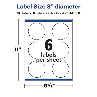 Avery Laser/Inkjet Round Multipurpose Labels, 3" Dia, 60 Labels/Pack (94513)