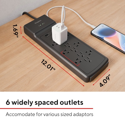 Staples TECH 12-Outlet 2-USB Port Surge Protector, 8', 3900 Joules, Black (ST62774)