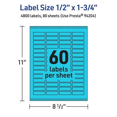 Avery Rectangle Multipurpose Labels, 0.5" x 1.75", Bright Blue, 4800/Box (94204)